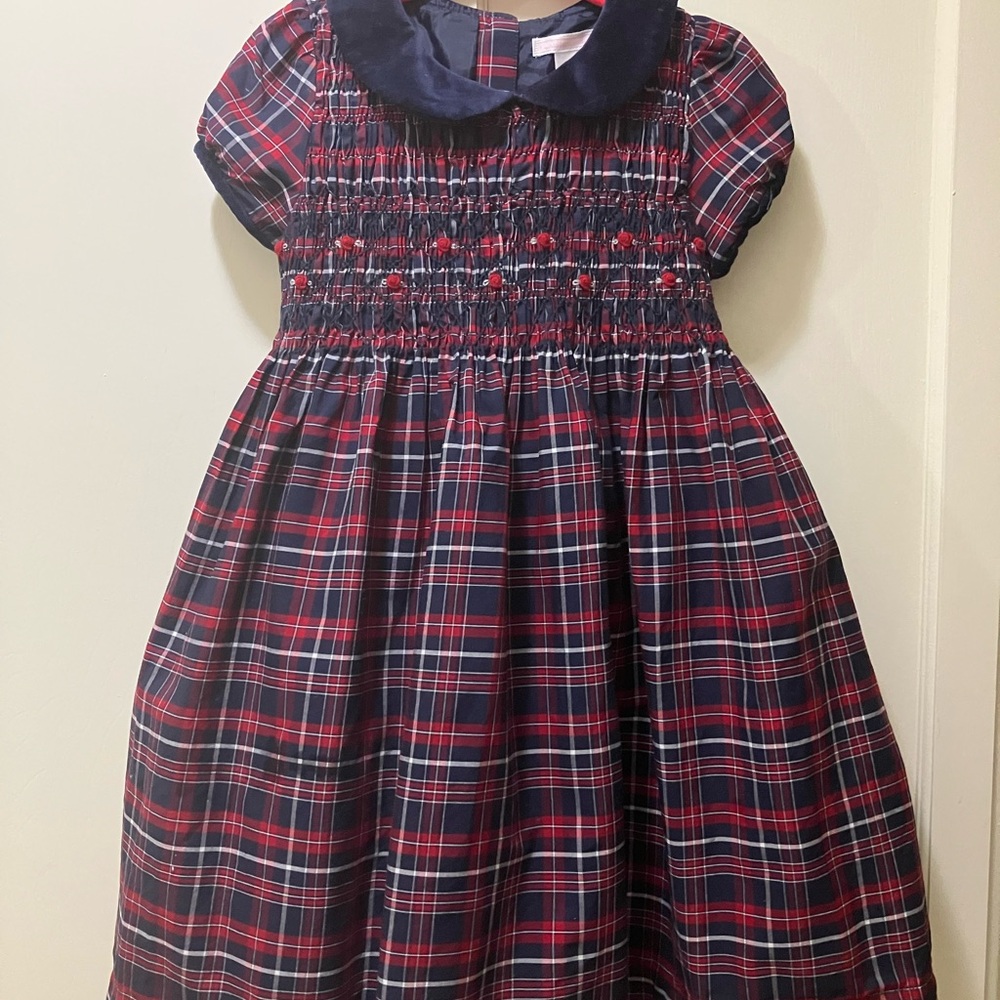 Janie and Jack Red and Navy Plaid Occasion Dress with Velvet Collar
